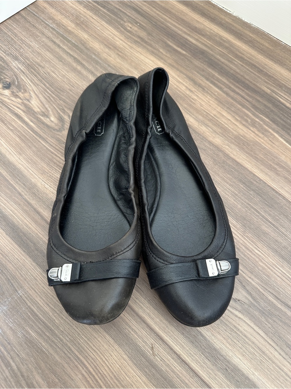 Coach Black Leather Ballet Flats with Silver Hardware